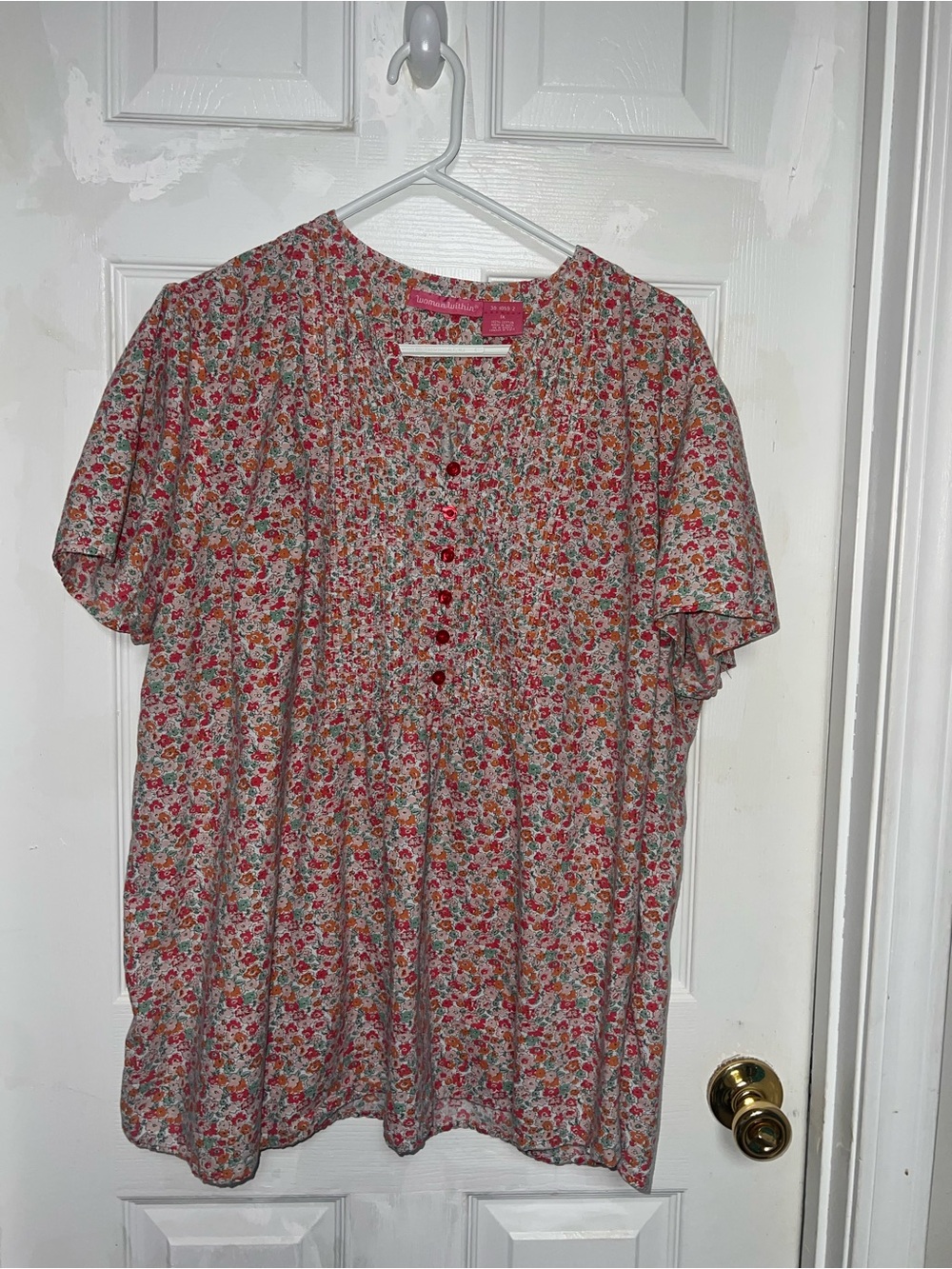 Woman Within Floral Button-Front Top in Pink, Red and Orange